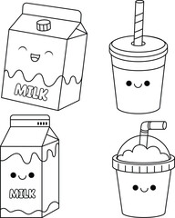 Milk and cappuccino cartoon character coloring page for kids. Summer, food and drink vector illustration