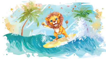 Watercolor illustration cute lion surf at the sea 