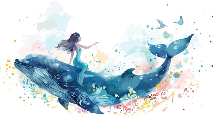 Watercolor Illustration cute Mermaid and whale Vector