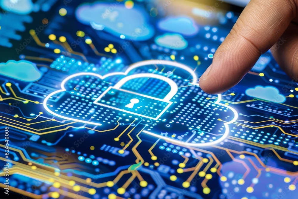 Poster hand interacting with secure cloud interface, glowing circuit background, digital security and prote