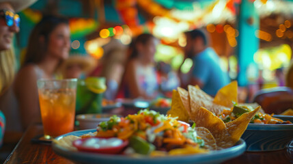 Amidst the colorful ambiance of a Mexican restaurant, a close-up shot captures friends laughing and enjoying Mexican food together
