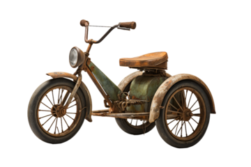 The Forgotten Ride: An Antique Tricycle Rests on a Blank Canvas on a White or Clear Surface PNG Transparent Background.