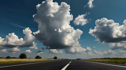 Empty asphalt road and blue sky with white clouds. Road background with blue sky with clouds