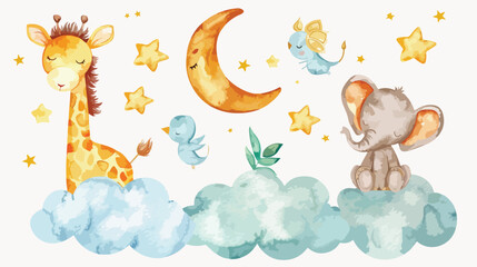 Watercolor illustration cute safari animals on cloud