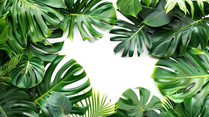 Foliage. Tropical Leaves on White Background with Monstera and Palm Trees