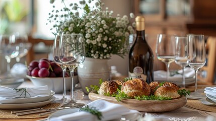 Elegant Still Life with Wine, Bread, and Flowers.