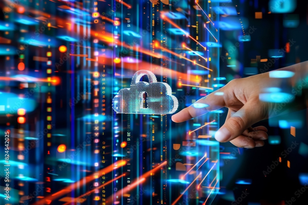 Poster advanced digital lock with hand interaction, glowing keyboard, futuristic tech background, concept o