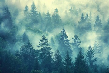 Forest Mist. Vintage Retro Style Landscape with Fir Forest and Fog