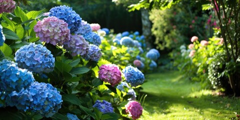Garden Beauty: Hydrangea Flowers in Brittany Garden with Pink, Blue, and Green Colors