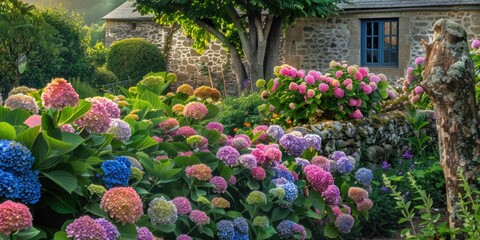 Garden Beauty: Hydrangea Flower Colors in Brittany Nature Scene