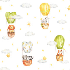 Pattern with cute animals fly in the sky in hot air balloons, clouds and stars. Watercolor seamless texture with illustrations of fox, bunny, cats and lion sit in baskets on white background. 