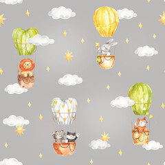 Pattern with cute animals fly in the sky in hot air balloons, clouds and stars. Watercolor seamless texture with illustrations of fox, bunny, cats and lion sit in baskets on gray background. 
