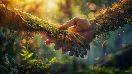 The Human Hand Shakes The Hand Of Nature Photo