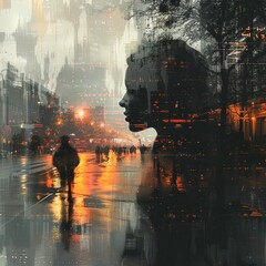 Double exposure of a cityscape and a woman's silhouette with reflections creating a surreal, melancholic atmosphere in urban setting.