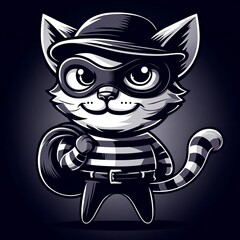 Cute cartoon cat dressed as a thief with a mask and striped shirt, perfect for children's illustrations and playful designs.