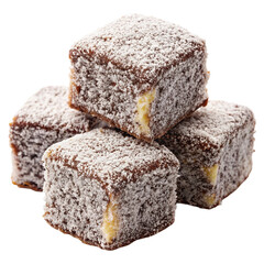 A piece of cake with powdered sugar on transparent background