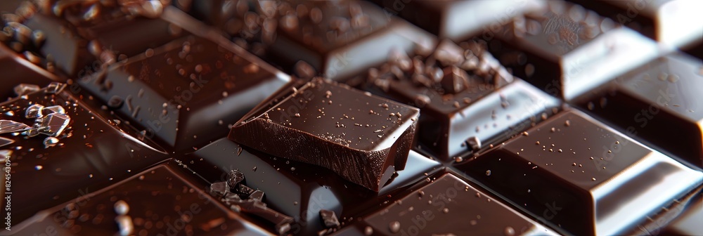 Poster Close-up of a dark chocolate bar lying on a keyboard, showcasing its smooth texture and break lines. Generative AI