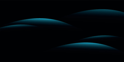 Blue abstract wave on black background. Flowing glowing blue curve shape. Modern shiny gradient wavy. Futuristic technology style. Horizontal banner template. Vector