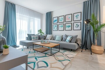 Photo of a modern living room with white walls, grey sofa and blue curtains