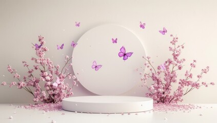 white circular podium with purple butterflies flying around