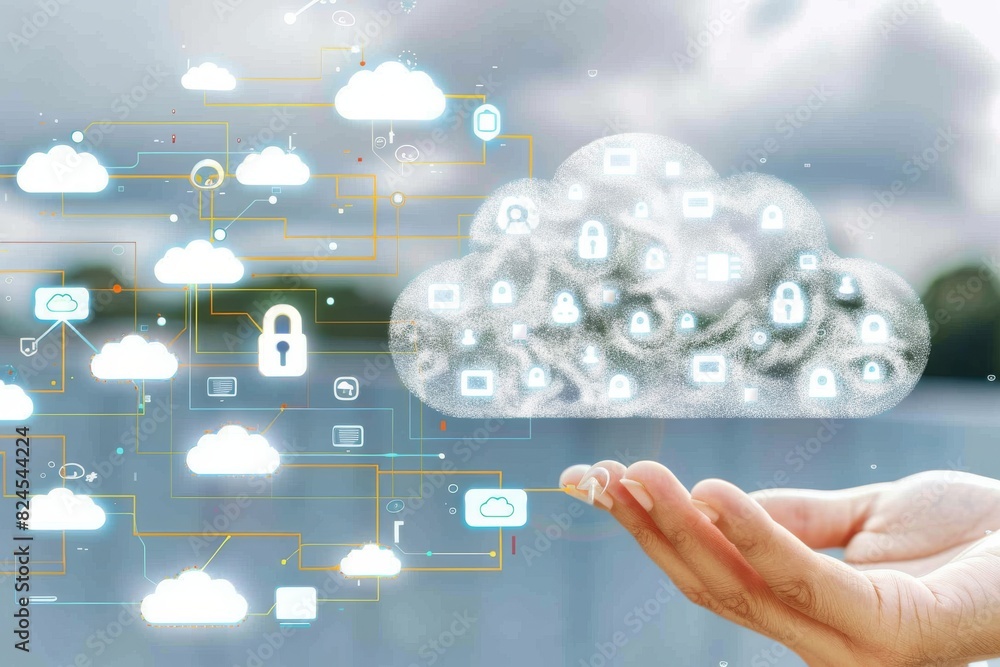 Poster high tech workspace with secure cloud network, hand interaction, concept of advanced data protection