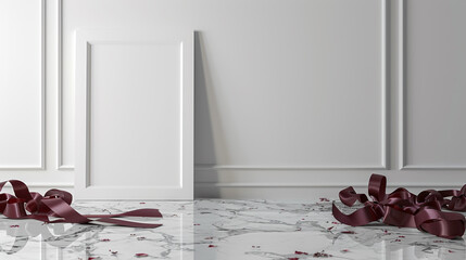 Ultra high definition 3D render of an empty room with a white picture frame, burgundy ribbons, and a glossy marble floor. Mockup.