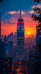Empire State Building Illuminated at Sunset with Skyscrapers and Cityscape in New York City, Vibrant Colors, Urban Landscape, Evening Mood