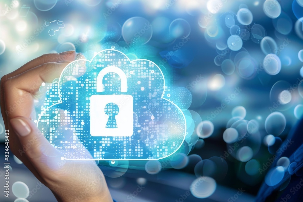 Poster secure cloud network with digital lock, glowing tech background, concept of advanced cybersecurity a