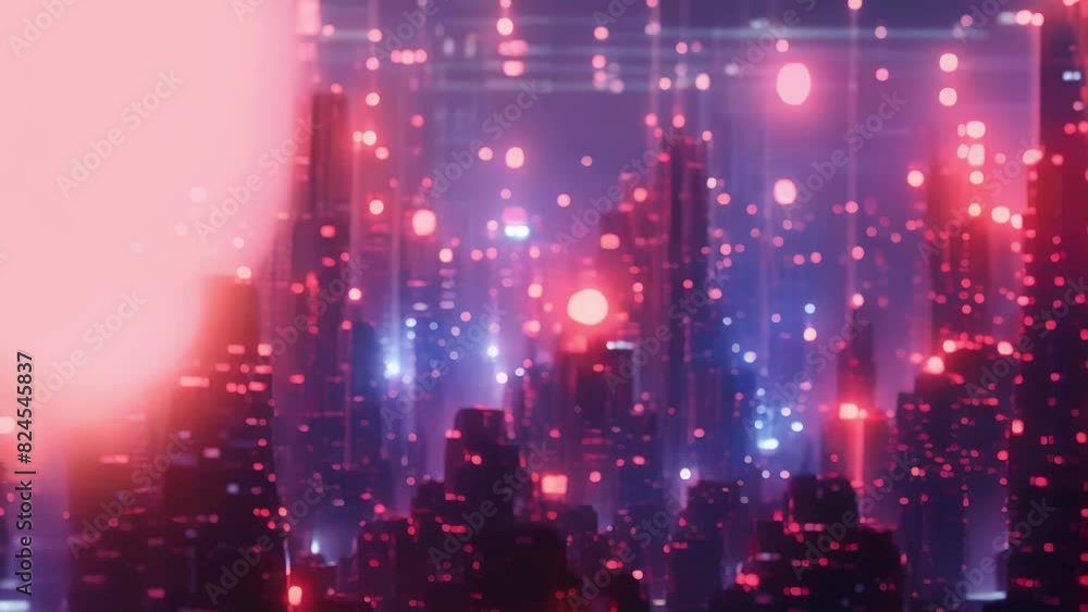 Poster a digital landscape with towering buildings made of nodes and a vibrant city skyline showcasing the 