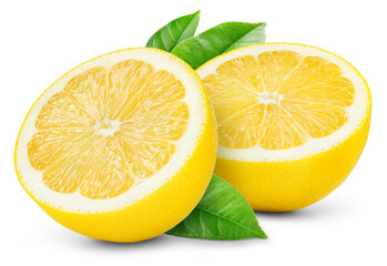 Lemon half with leaf isolated png. Cut lemon with leaves on transparent background. PNG format....