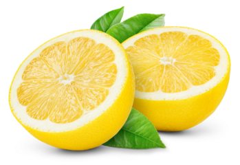 Lemon half with leaf isolated png. Cut lemon with leaves on transparent background. PNG format. Full depth of field.