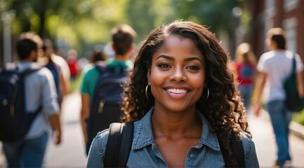 Beautiful attractive black woman model college student going back to school with blurred school
