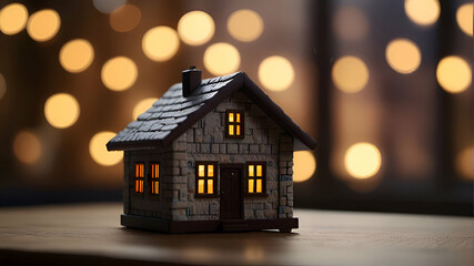 Figure of house and warm clothes on table against blurred bokeh lights. Home heating, money and energy saving concept