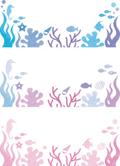 夏　海　シルエット　バナー　フレーム　飾り　あしらい　水彩　コピースペース　背景　イラスト素材セット
