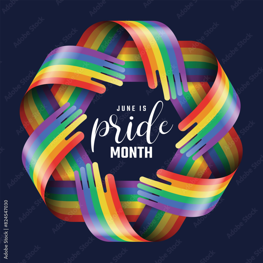 Poster june is pride month text in rainbow pride tab hands curve circle around frame shape on dark blue bac