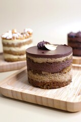 Assorted Seasonal mini cakes. Hazelnut, Opera, Salted Caramel, and Double Chocolate. Endless variety, easy serving, moist layers, rich frosting. A symphony of flavor in every bite. Bakery products. 