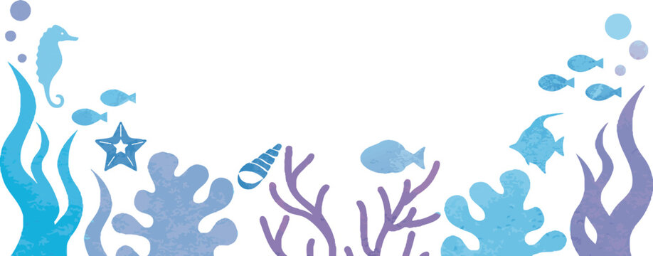 夏　海　シルエット　バナー　フレーム　飾り　あしらい　水彩　コピースペース　背景　イラスト素材