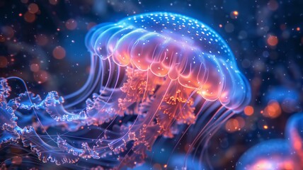 Close-up of a glowing bioluminescent jellyfish in vibrant colors, floating gracefully in the deep ocean with bokeh lights.