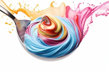 Italian gelato being scooped into vibrant, tempting swirls. White background.
