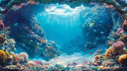 A colorful coral reef teeming with diverse marine life under the ocean, illuminated by sunlight streaming through the water.