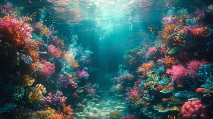 Fototapeta premium A vibrant coral reef brimming with diverse marine species, bathed in sunlight in a clear underwater environment.