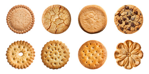 Collection of tasty cookie or biscuit isolated on a transparent background, top view, PNG