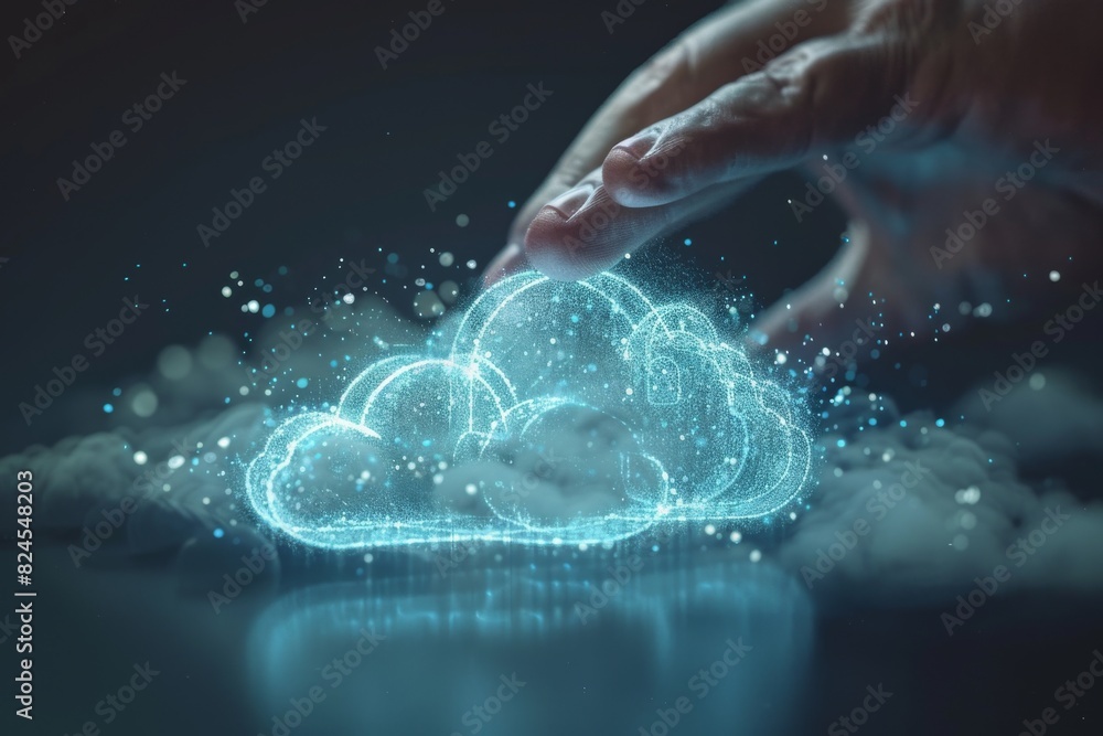 Aufkleber secure cloud network with holographic interface, hand interaction, concept of advanced cybersecurity