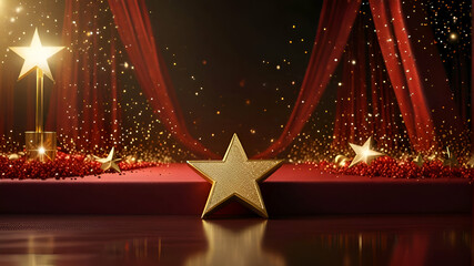 Golden star and glitter light on the red stage, award ceremony concept background