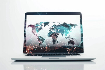 Laptop with abstract world map on screen, global business and communication concept.