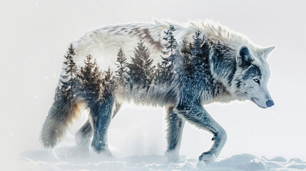 Obraz premium Wolf in winter forest. Double exposure.