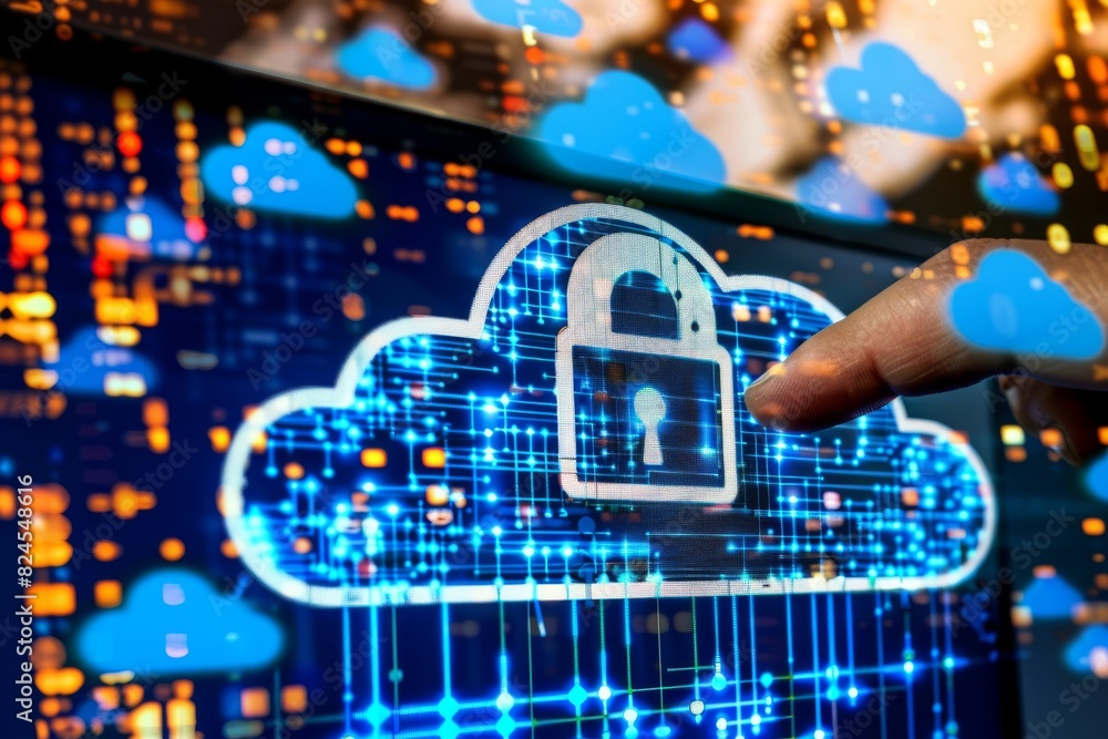 Aufkleber hand interacting with secure cloud network, digital lock, concept of advanced cybersecurity and data