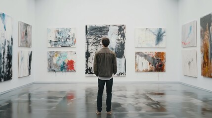 A man in a modern art gallery stands with his back to the camera and looks at the paintings.