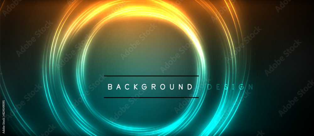 Poster neon glowing circle rays, light round lines in the dark, planet style neon wave lines. energetic ele