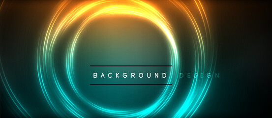 Neon glowing circle rays, light round lines in the dark, planet style neon wave lines. Energetic electric concept design for wallpaper, banner, background